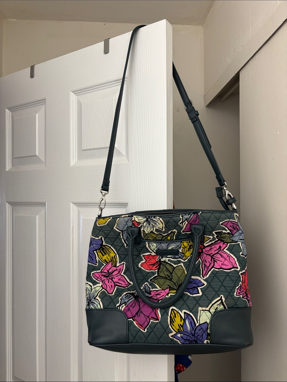 Vera Bradley Quilted Floral Tote in Dark Green with Multicolor Blooms
